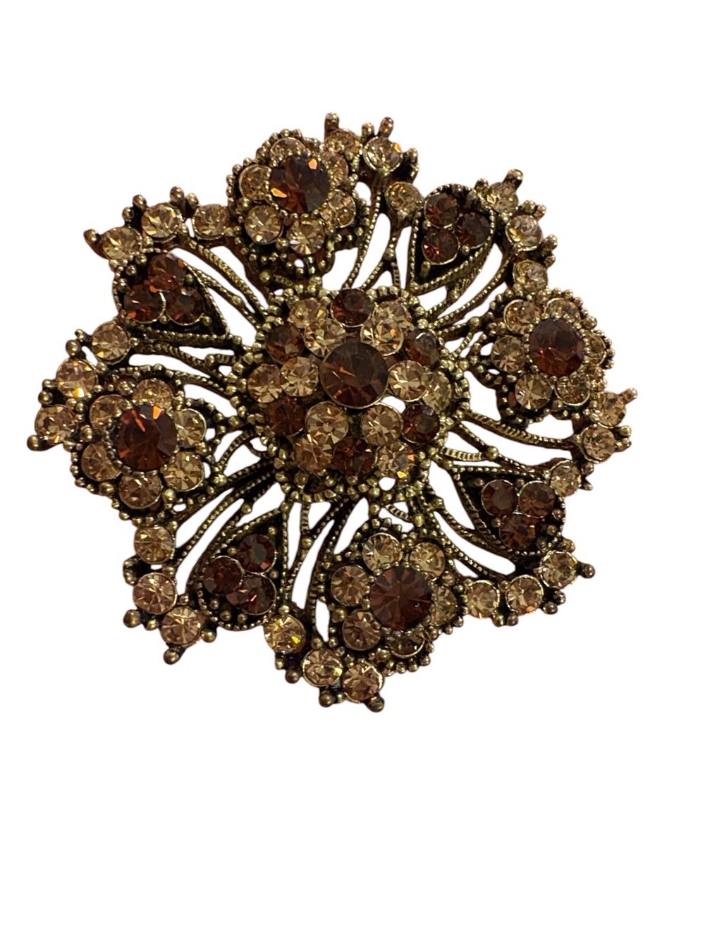 Vintage Style Floral Rhinestone Pendant, Earth Brown Shades Gold Tone 2”
